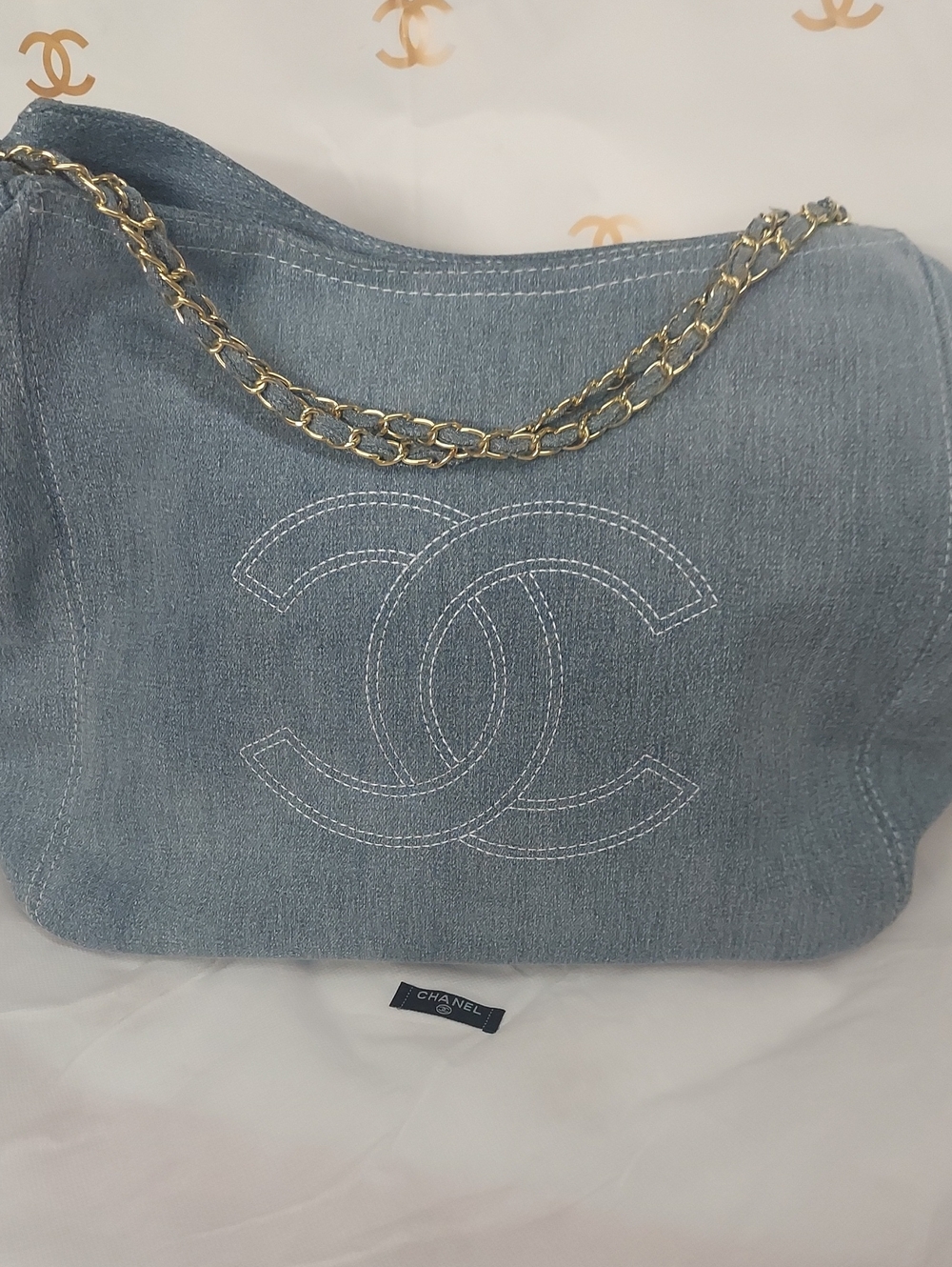 FASHION Light Blue Quilted Denim Shoulder Bag with Chain Strap and Pouch